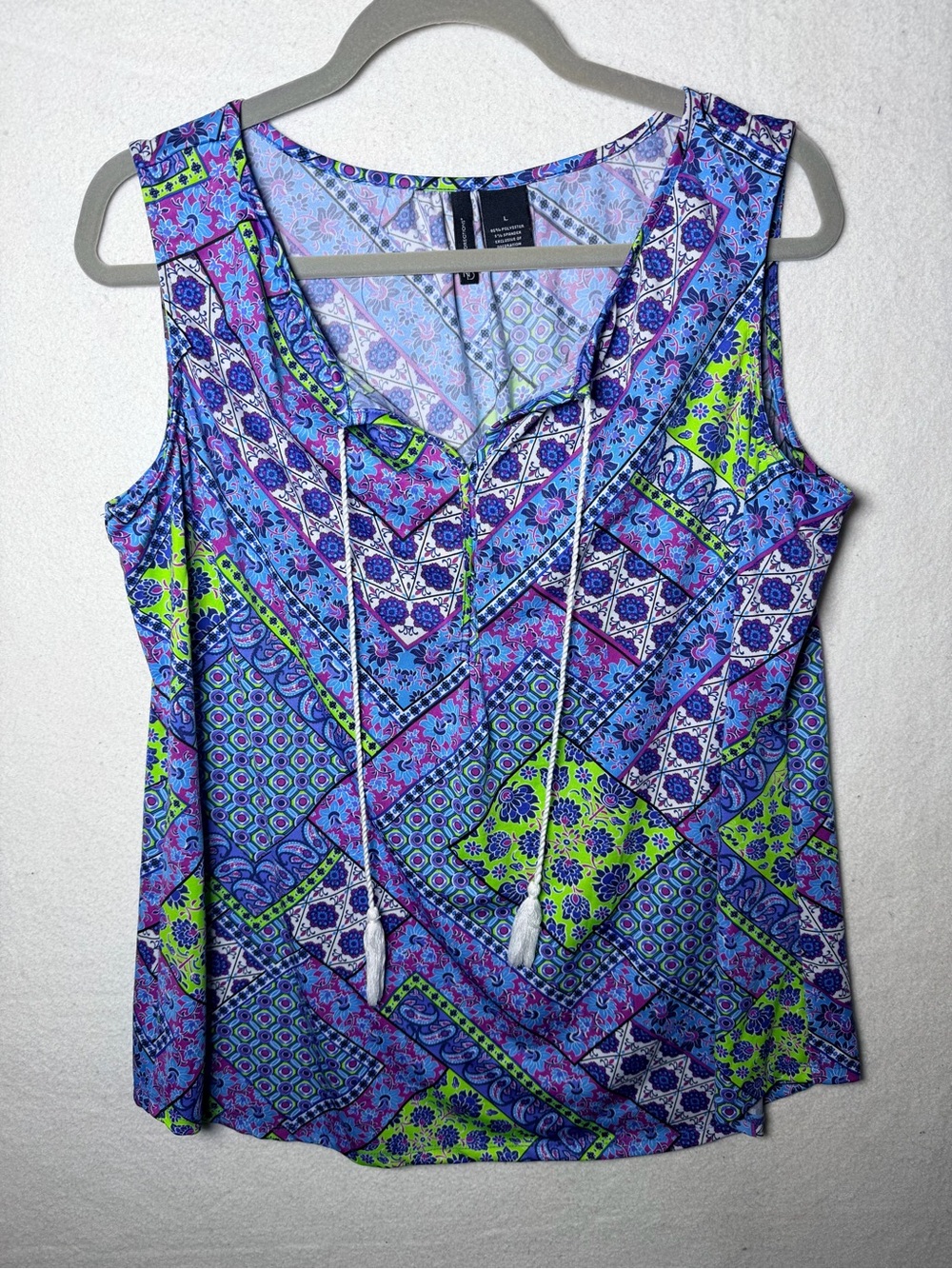 New Directions Boho Patchwork Sleeveless Tank Top V-Neck Tassel L